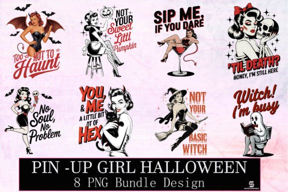 Halloween Pin-up Girl PNG Bundle: Spooky-Cute Design Assets